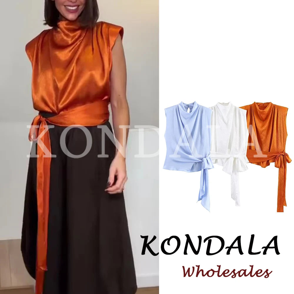 KONDALA Orange Short Lace-up Bow Woman Vest Asymmetric Tank Night