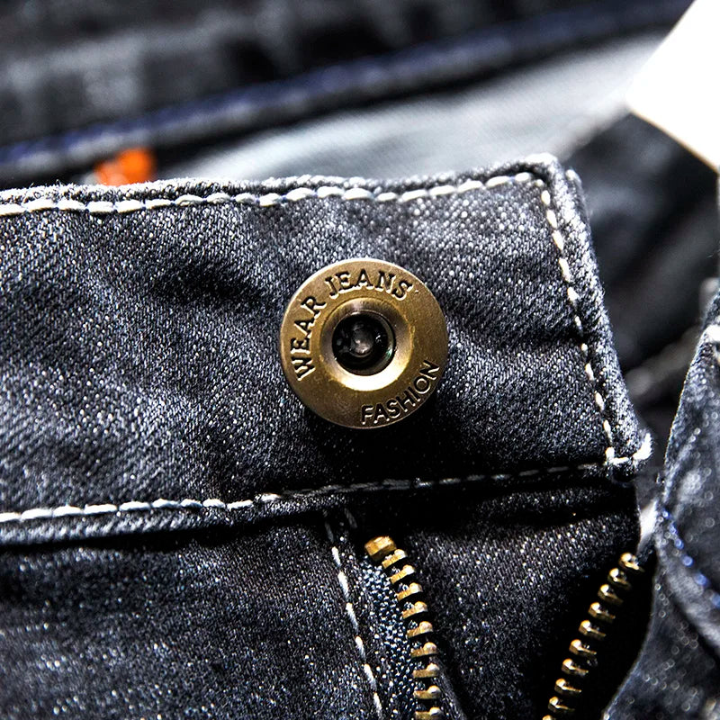 2025 Summer New Ripped Jeans Men Slim-fit Denim Pants Cotton Korean