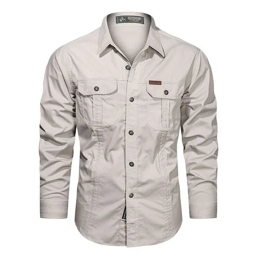 2024 Fashion Cotton Military Shirt Long Sleeve Multi-pocket Casual