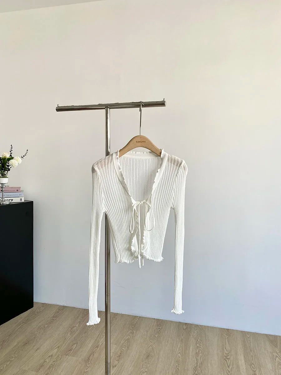 Ribbed Knit Cardigan with Tie Front Ruffled Trim Crop Tops Lightweight
