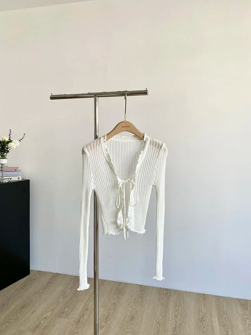 Ribbed Knit Cardigan with Tie Front Ruffled Trim Crop Tops Lightweight