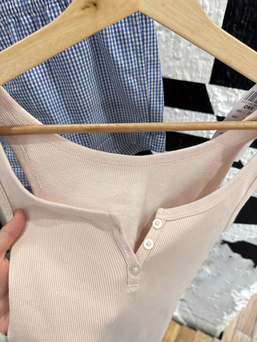 Sweet Pink Ribbed Basic Crop Top Women Summer Three Buttons Sleeveless