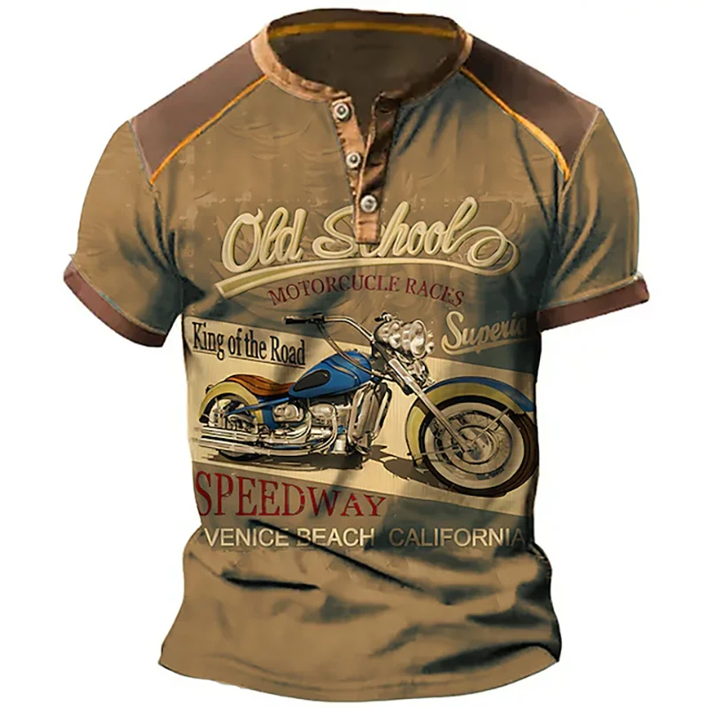 Summer Vintage Henley Shirts Motorcycle 3D Print Men's Casual