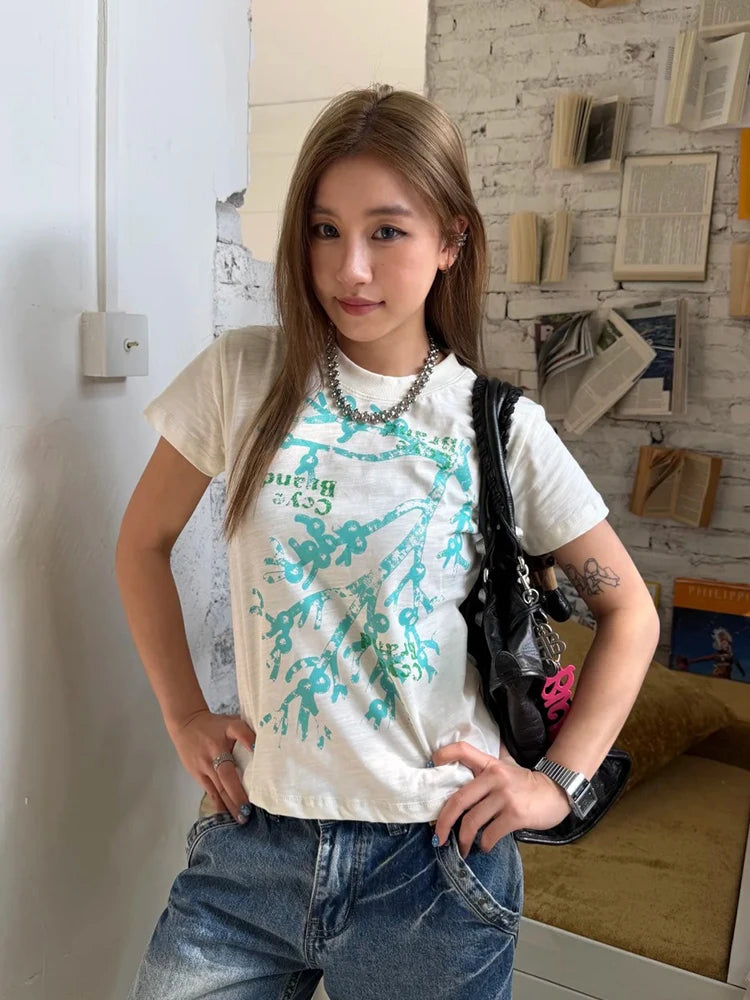 Tonngirls Korean Style T-shirt Women Short Sleeve Print Graphic Tops