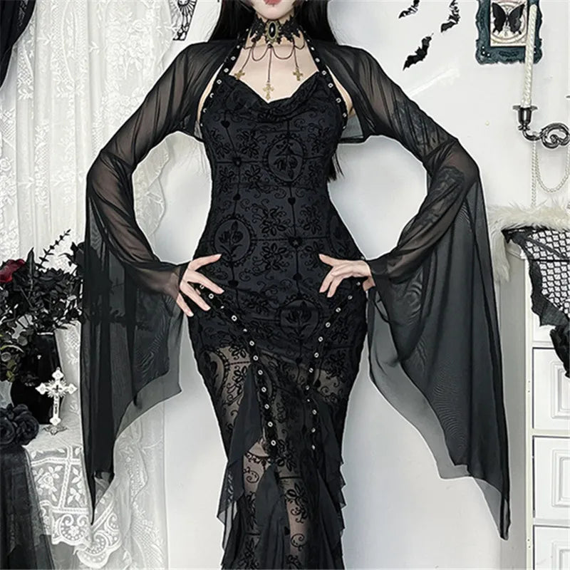 Goth Dark Mall Gothic Mesh See Through Crop Shrug Tops Women Chic Coat