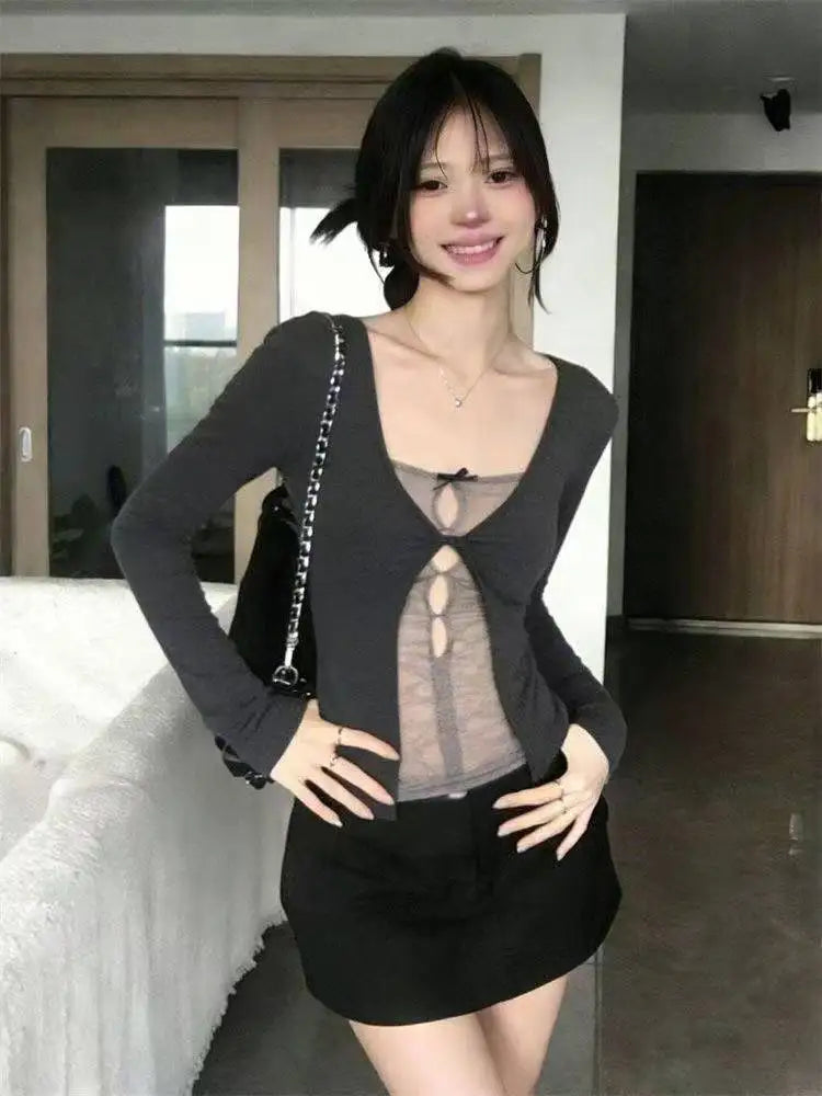 Korean Fashion Elegant Patchwork Lace Tops Slim Casual Long Sleeve