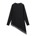 CharmChant Black Satin Asymmetrical Lace Long-Sleeve Shirt for Women
