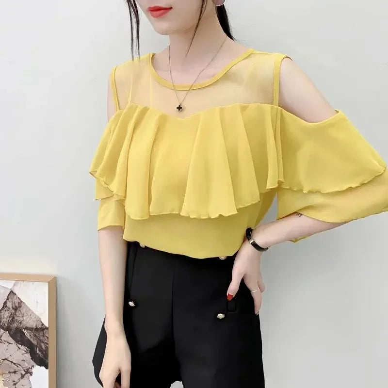 Off Shoulder Sexy Chiffon Blouses Women 2025 Summer Korean Fashion