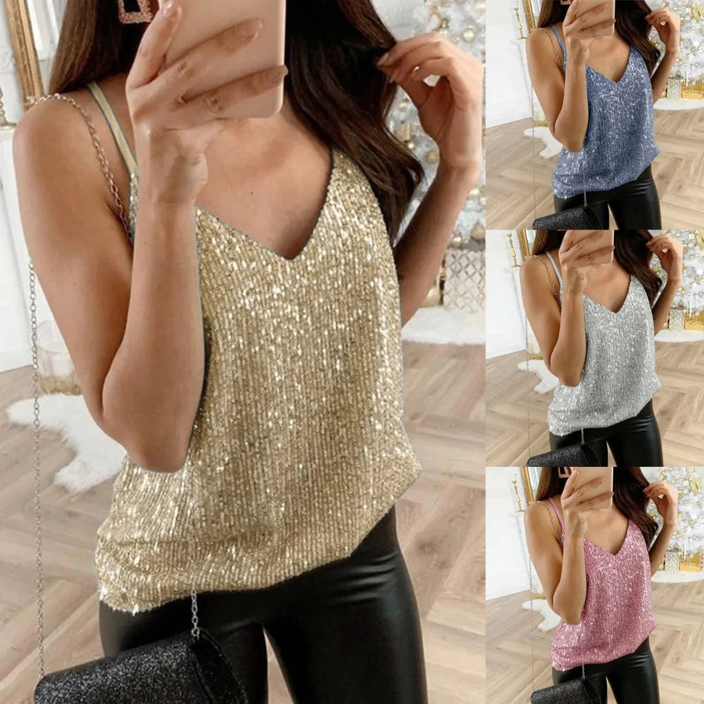 Sexy Wrap Deep V Neck Cut Out Loose Shiny Halter Crop Tops Women Tank