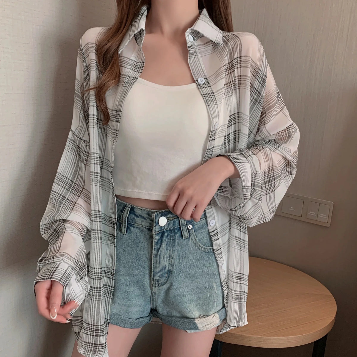 Sheer Chiffon Plaid Shirt for Women Ovesized Collared Button-down