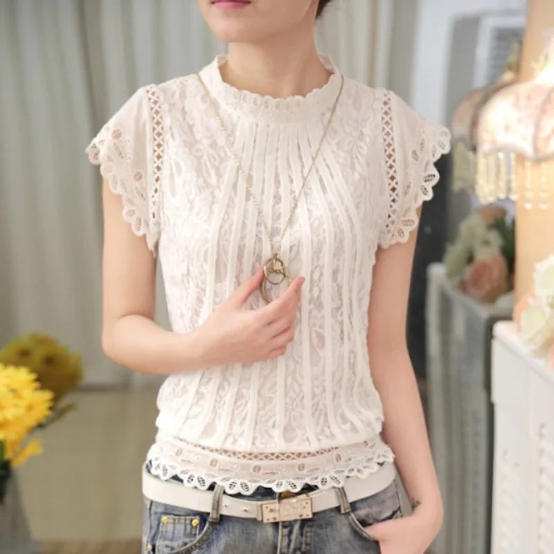 Summer Casual Solid Blouses for Women Petal Sleeve Floral Lace Tops