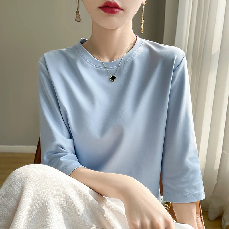 Summer Cotton Short-Sleeved T-Shirt Women's Round Neck Seven-Point