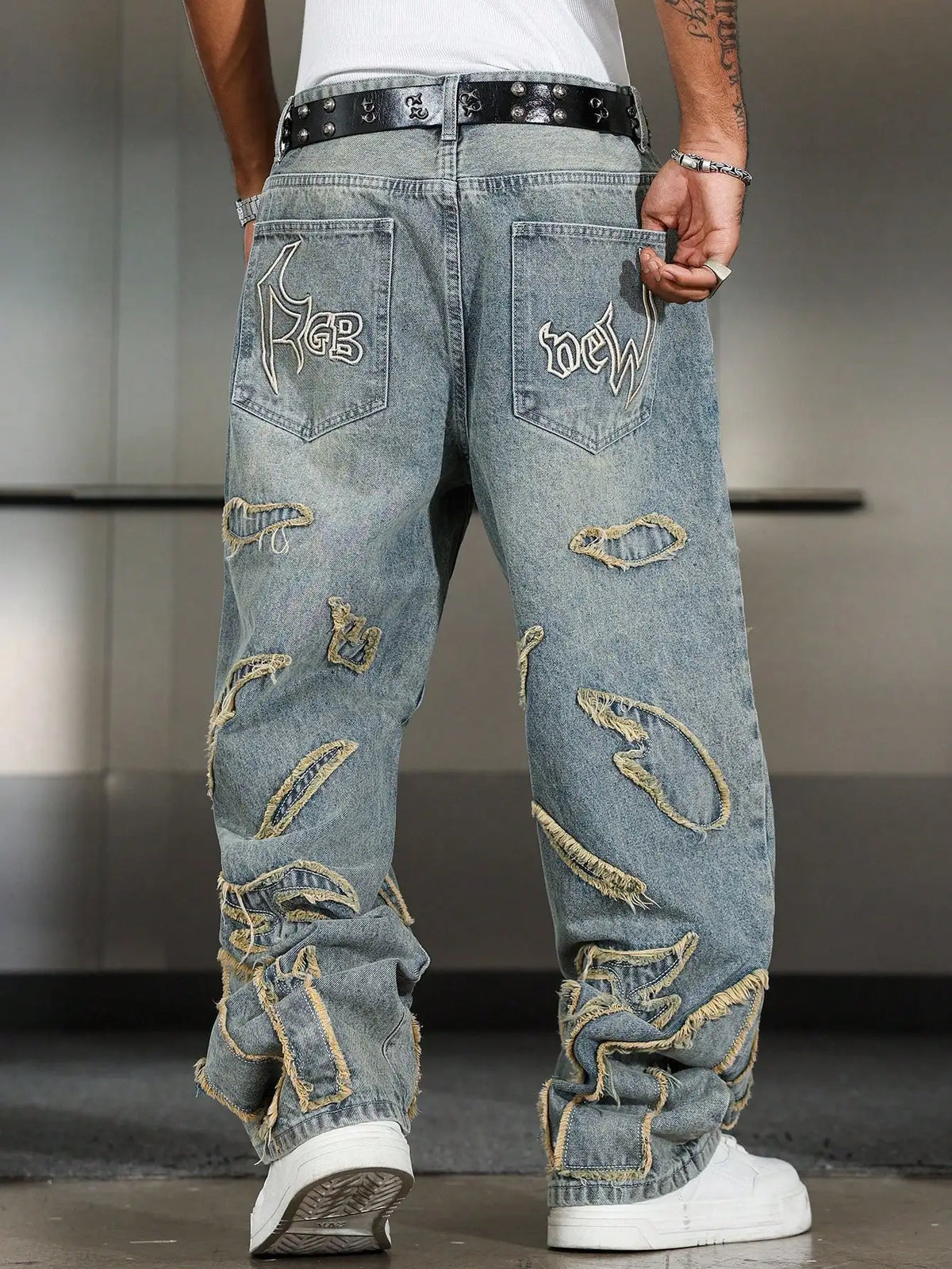 Men's Street Style Casual Patchwork Embroidered Frayed Hem Macau Blue