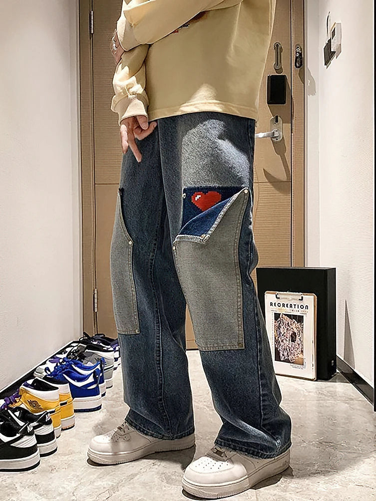 Harajuku Wide Leg Baggy Cargo Jeans Pants Men Heart Oversize Straight