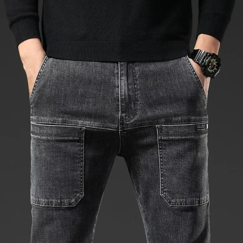 Spring Summer Thin Six Pocket Men's Jeans Elastic Straight Leg Casual