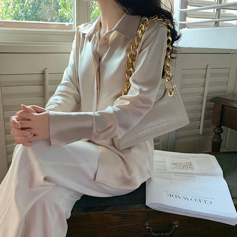 Women's Satin Blouse Long Sleeve French Fashion Solid Color Shirts