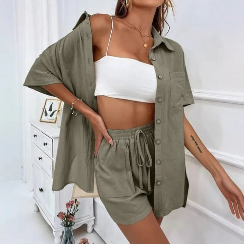 2 Pieces Women Sets Summer Solid Color Short Sleeve Open Stitch Button