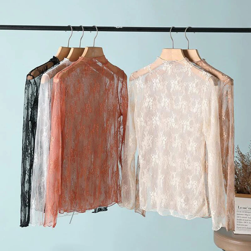 S-XL New Women Floral Lace Shirt Spring Autumn Long Sleeve Sexy Mesh
