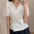 Blouses Women Summer Korean Style V-neck Design Simple Puff Sleeve