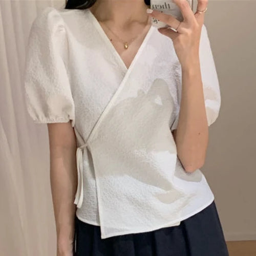 Blouses Women Summer Korean Style V-neck Design Simple Puff Sleeve