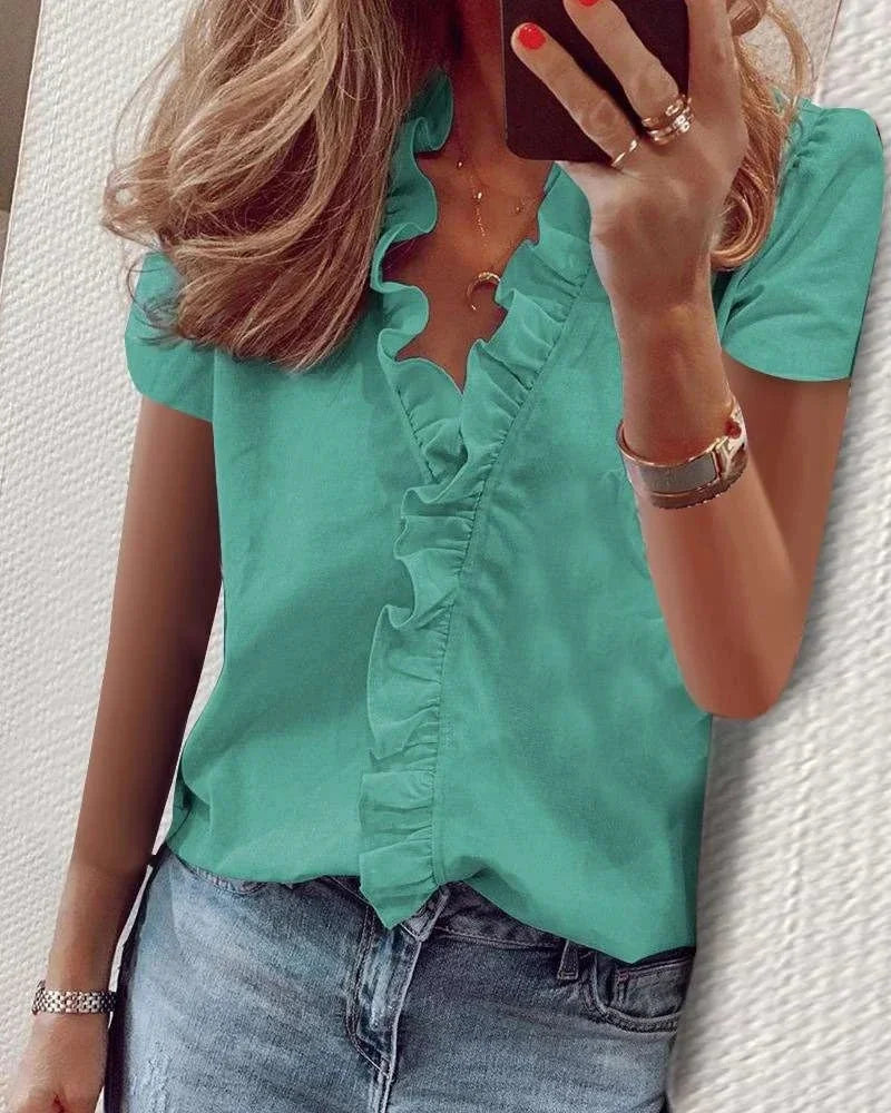 White Womens Shirts Tops Summer Short Sleeve Casual Ruffles V-Neck