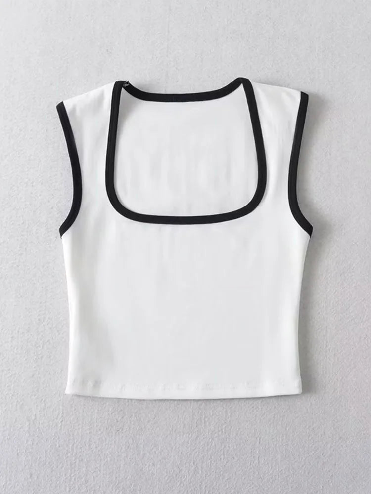 Woman Fashion Slim Solid Contrust Camis Casual Sleeveless Tanks Square