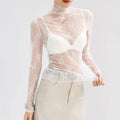 Sexy Sheer Mesh Long Sleeve Layering Top for Women Mock Neck Floral