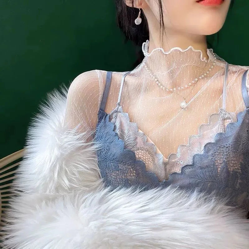 NEW Lace Perspective Women Top Slim Fit Mesh T-Shirts Turtleneck Sheer