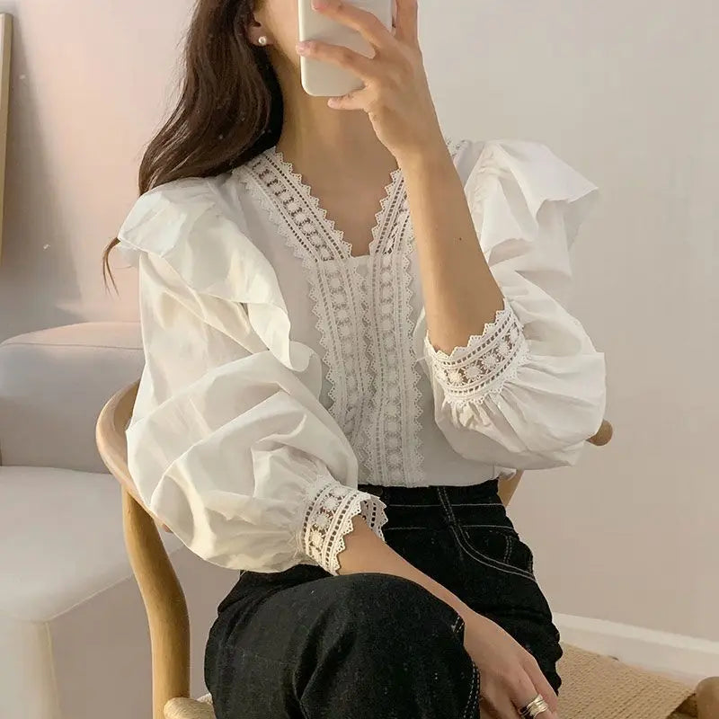 V-neck Ruffles Puff Sleeve Women Blouse Long Sleeve Tops Long Sleeve