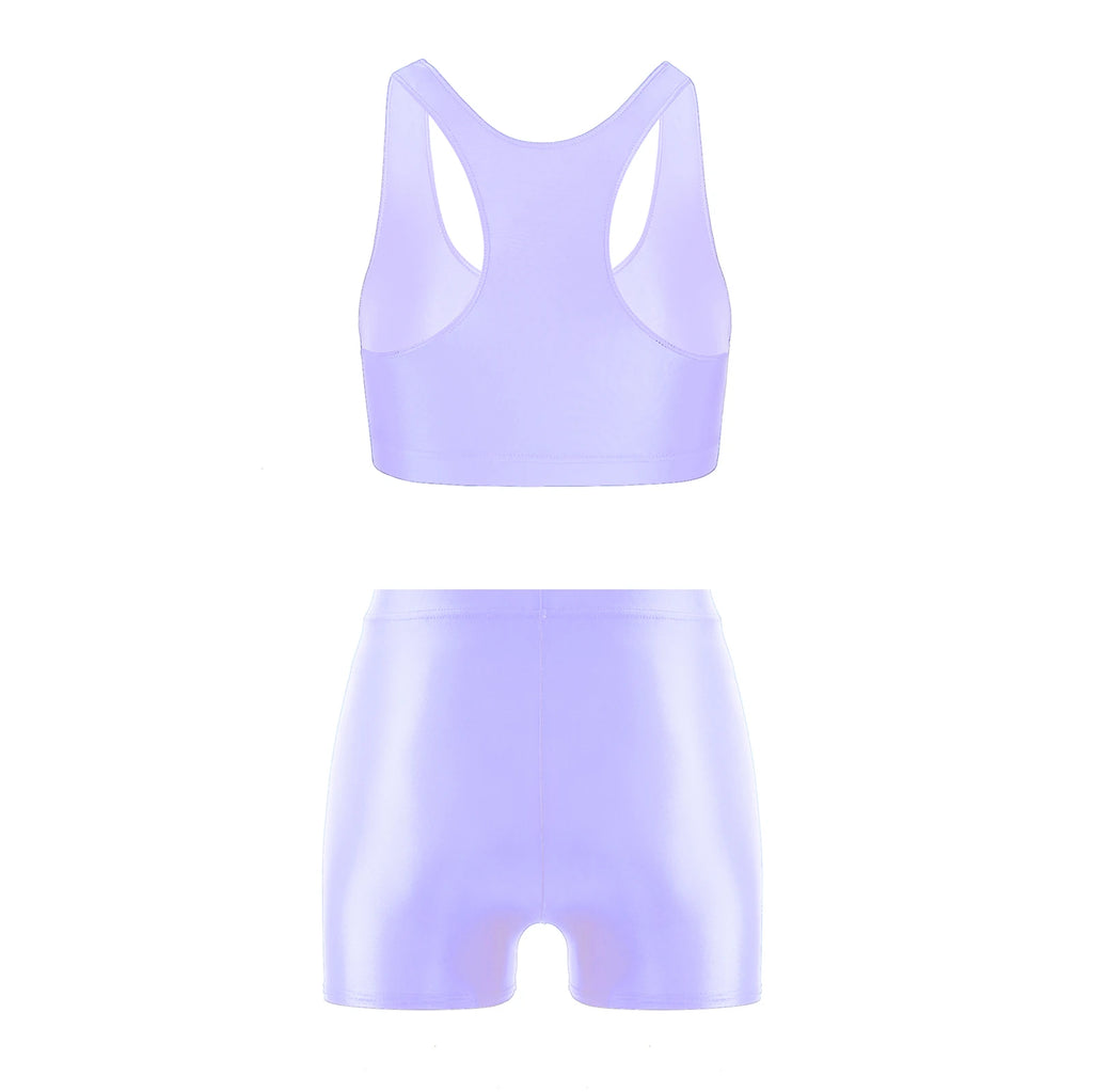 Womens Glossy Swimwear Sleeveless Tank Top with Mid Waist Shorts