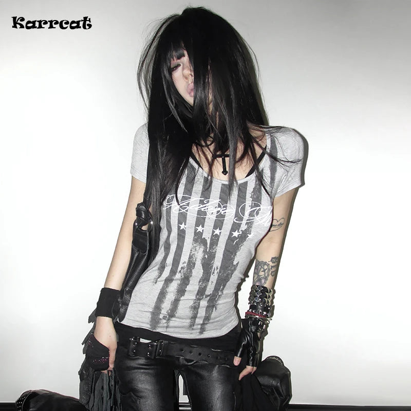 Karrcat Trashy Y2k Striped Letter Print T-shirt Grunge Aesthetics