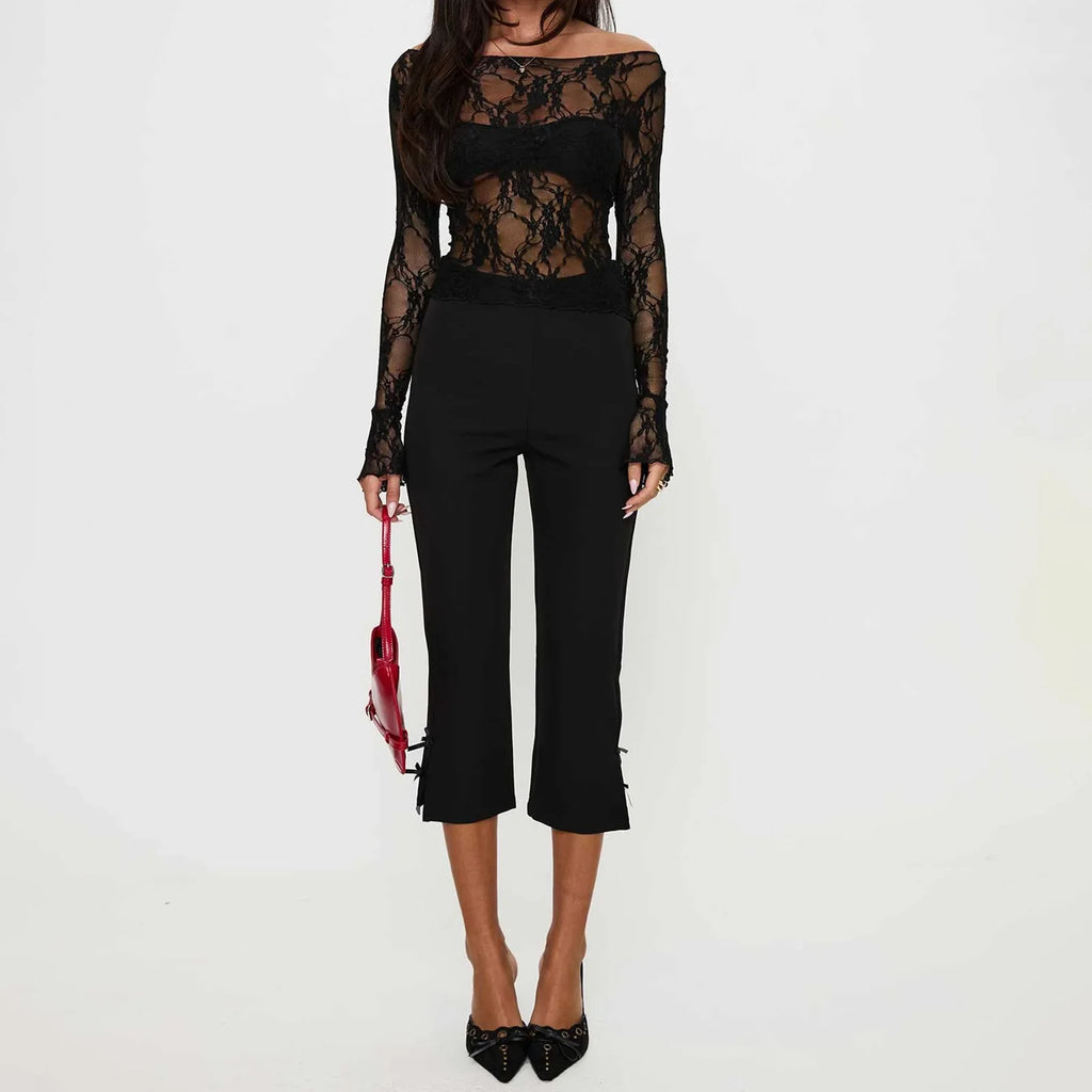 New Women Basic Lace Tops Casual See-Through Fitted Long Sleeve Shirt