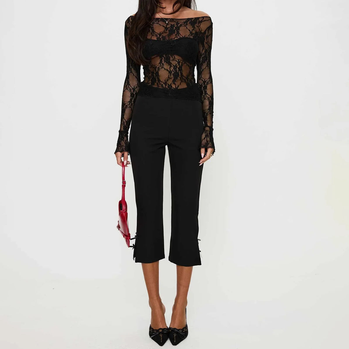 New Women Basic Lace Tops Casual See-Through Fitted Long Sleeve Shirt