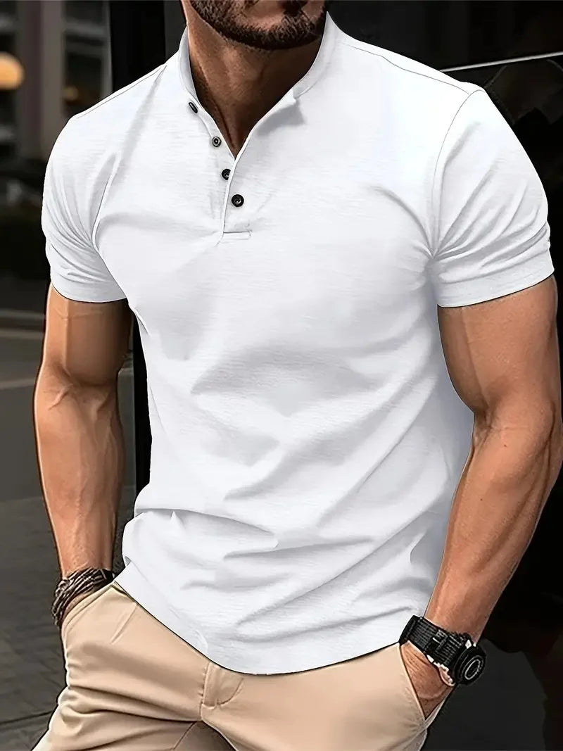 2026 New Summer Men Henley Collar T-shirts Button Slim Casual Male