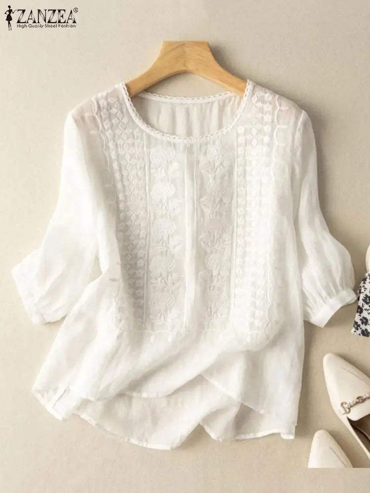 ZANZEA Summer Vintage Lace Crochet Blouse Women O Neck 3/4 Sleeve Tops