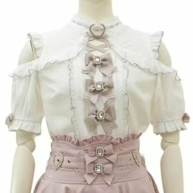 Japanese Kawaii Lolita Lace Patchwork Women Casual Blouses Harajuku