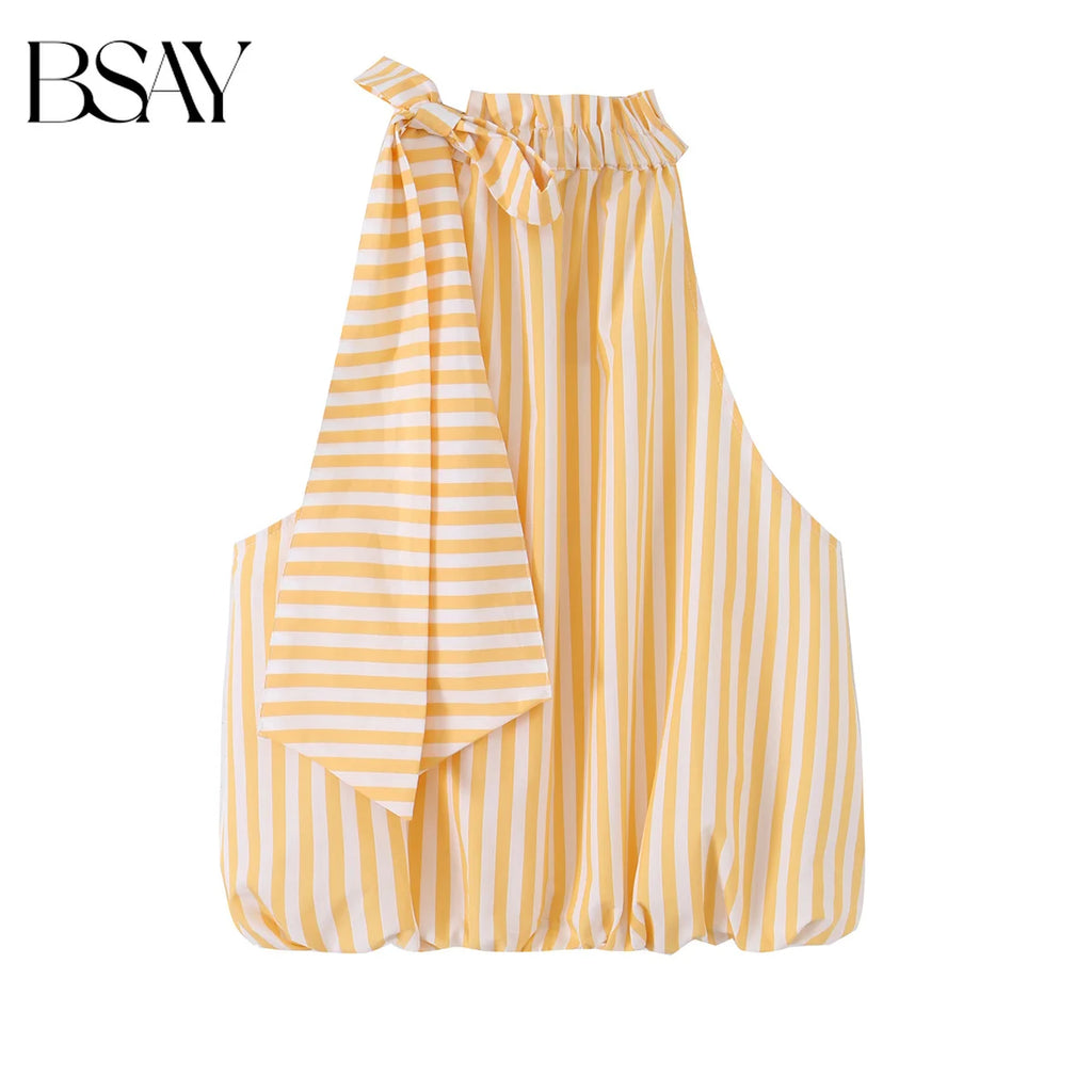 BSAY Women's Halter Neck Striped Tank Top Yellow White Striped Bow Tie