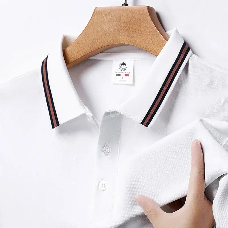 Men's Fashion Solid Short Sleeved Striped Lapel Polo Shirt Summer