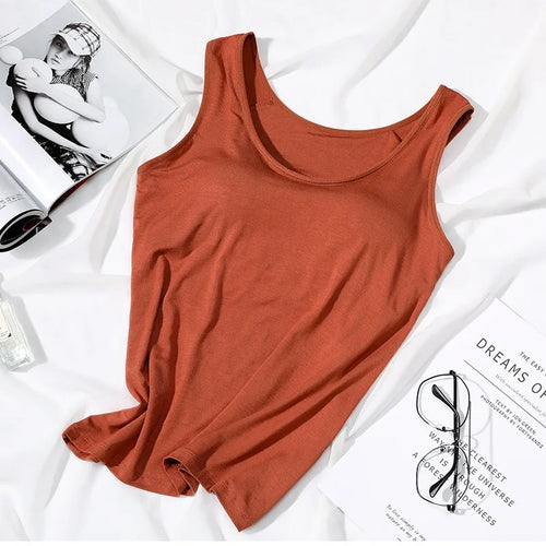 2023 Women's Vest Tops with Built In Bra Neck Vest Solid Color Padded