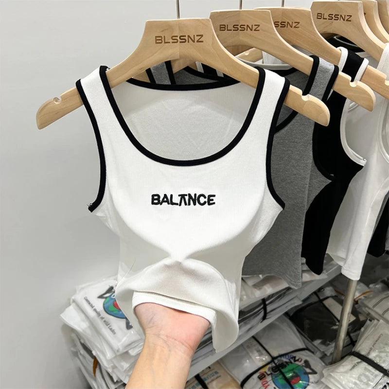 Women Solid Round Neck Embroidered Letters Tank Top 2026 Camisole