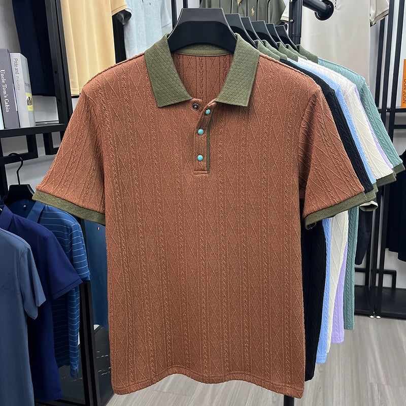 Luxury summer breathable knitted short sleeve polo shirt men new retro