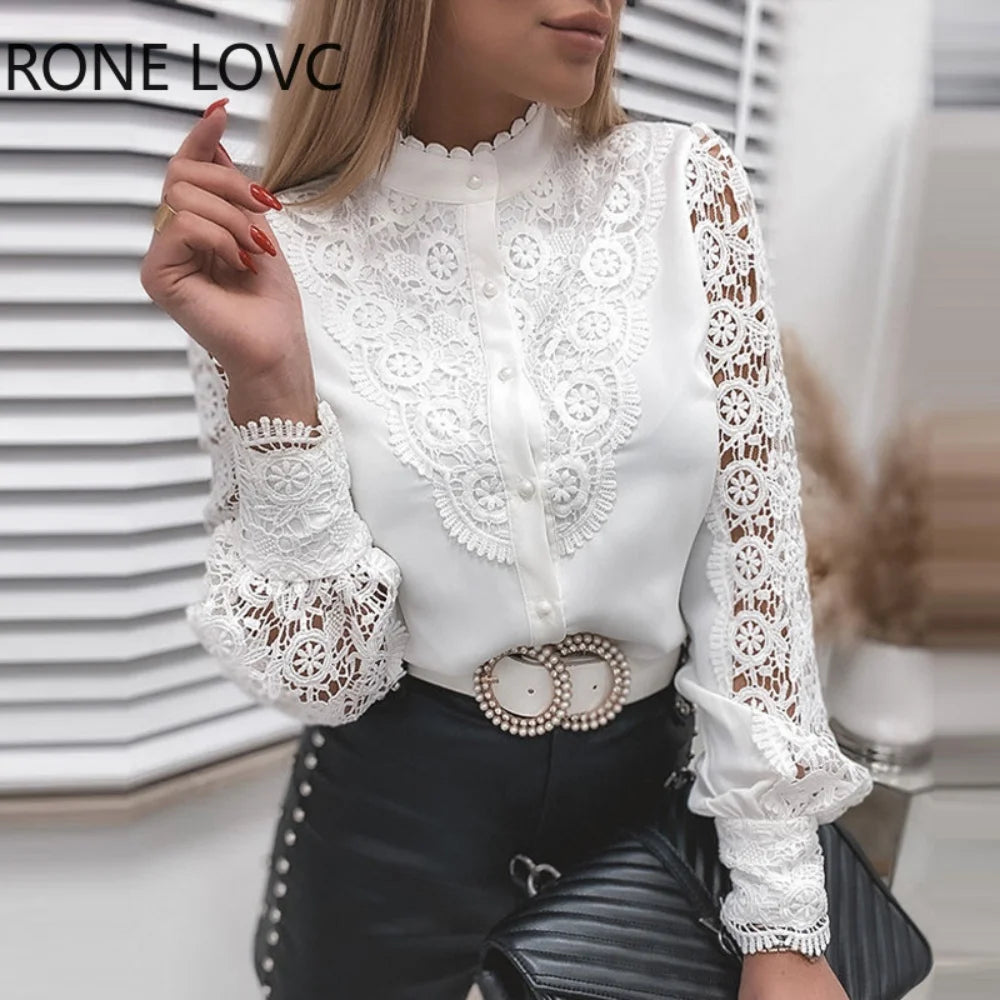 White Elegant Lace Hollow Out Women Blouse 2024 Spring Long Sleeve