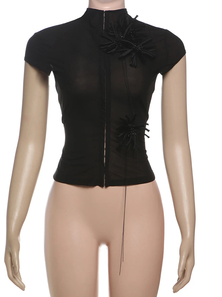 Weird Puss Tassel Applique Crop Tops Women Single-Breasted Half-High