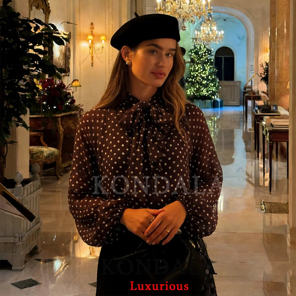 KONDALA Casual Chic Polka Dot Shirts Women Bow Tie Long Sleeve White
