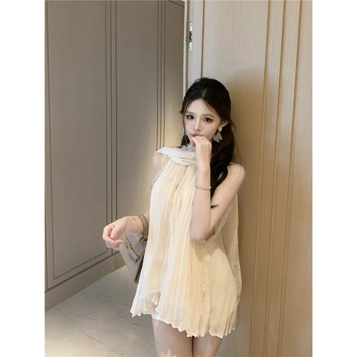 Chiffon Shirt Lace Patchwork Ribbon Hanging Neck Top Women 2025 Summer