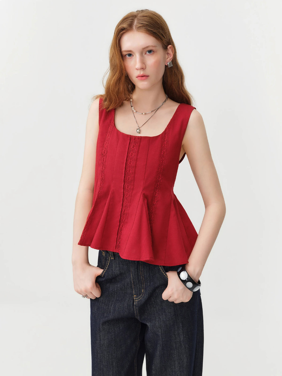 FSLE 2026 Summer Women's Red Lace Sleeveless Blouse with