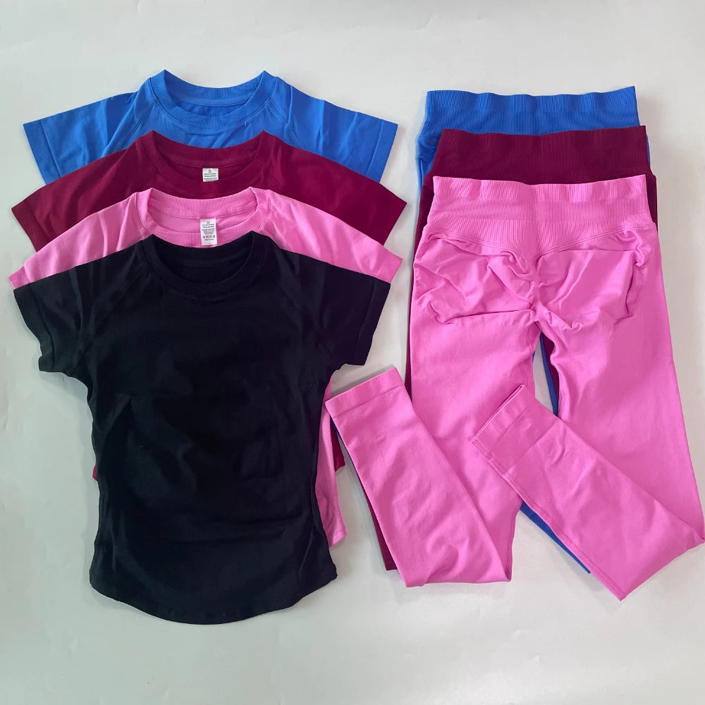 2 Piece Leggings Set Women Longline Short Sleeve Gym Crop Top High