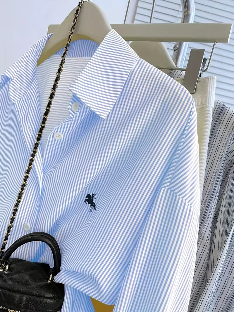 women s long-sleeve blouse ， Women's Striped Knight Print Front