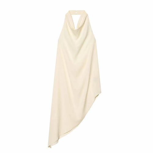 Women Satin Hanging Neck Collar Asymmetric Top Elegant Female Backless