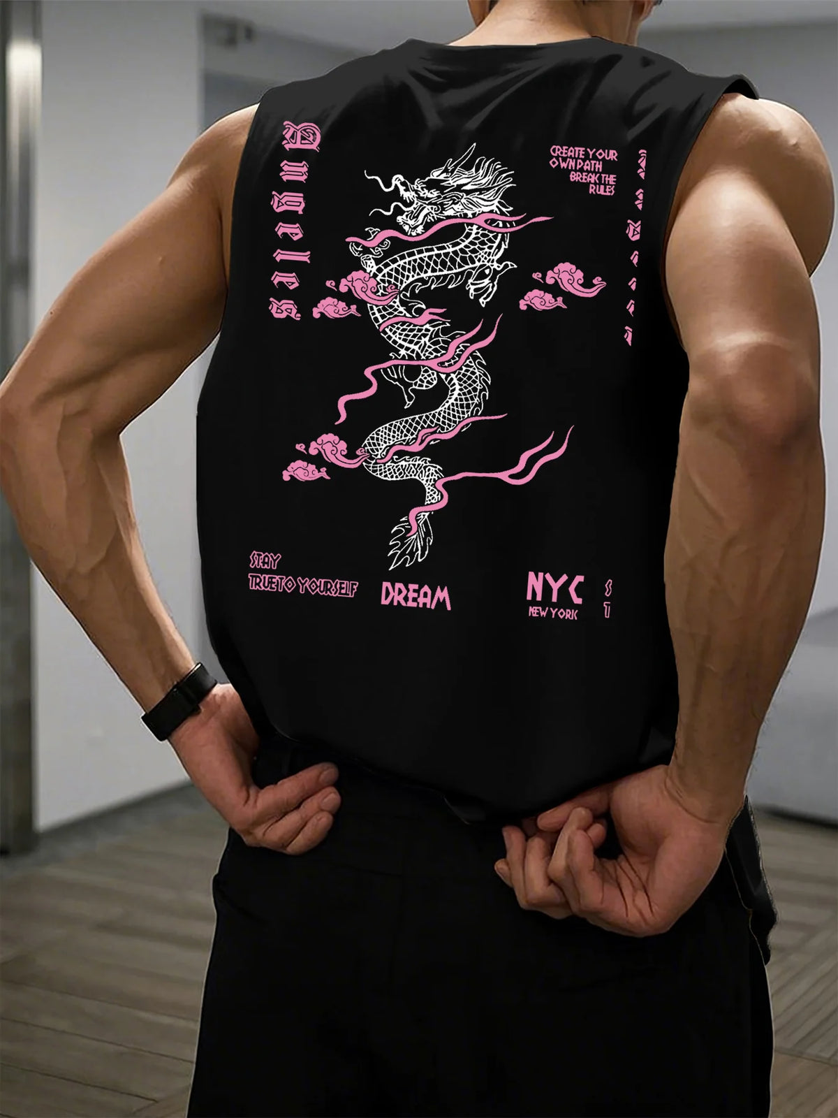 Men's Summer Leisure Sports Fitness Wide Dragon and Letter Pattern